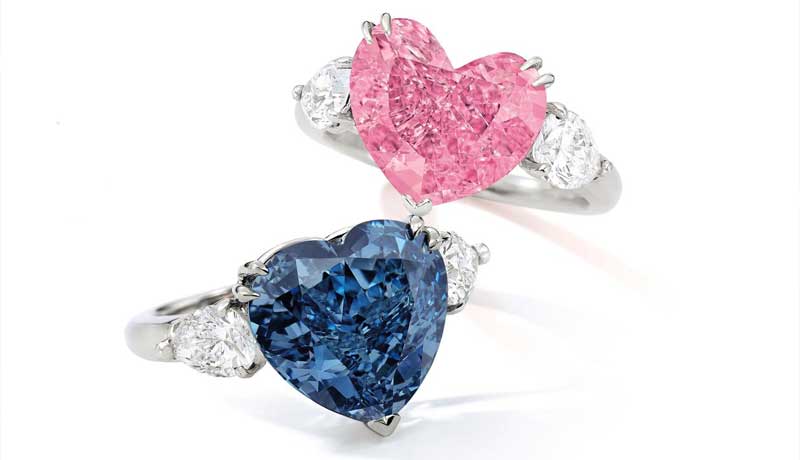 Синий и розовый бриллианты огранки сердце